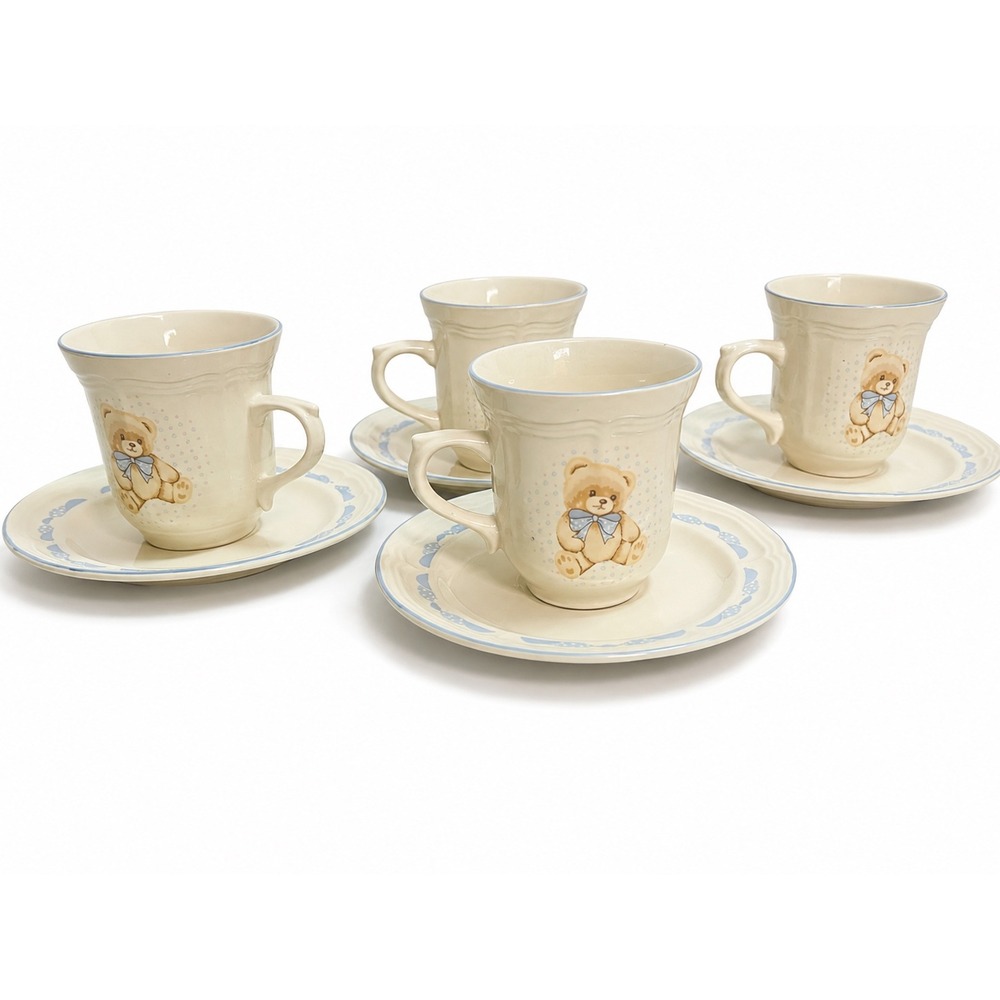 Vintage Tienshan Teddy Bear Stoneware Cup & Saucer Set Lot of 4 Blue Bow